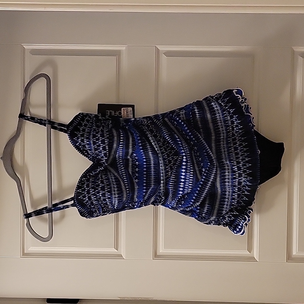 Sexy One-piece Swimsuit in Multiple Blue Colors in Slimming Pattern,  Size 8.